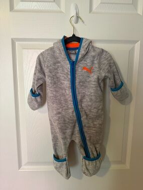 Puma Grey Fleece Footed One-Piece with Blue Trim and Orange Logo
